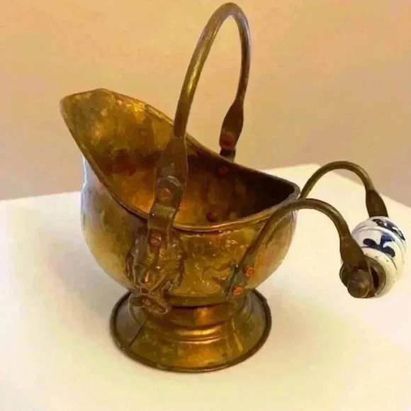 Antique Hand Crafted Pitcher With Lion Heads & Blue White Painted Handle - Picture 1 of 12